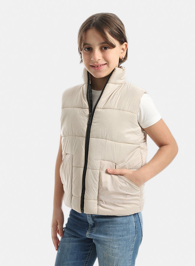 High Collar With Zipper Closure Cut Sleeves Vest _ Beige