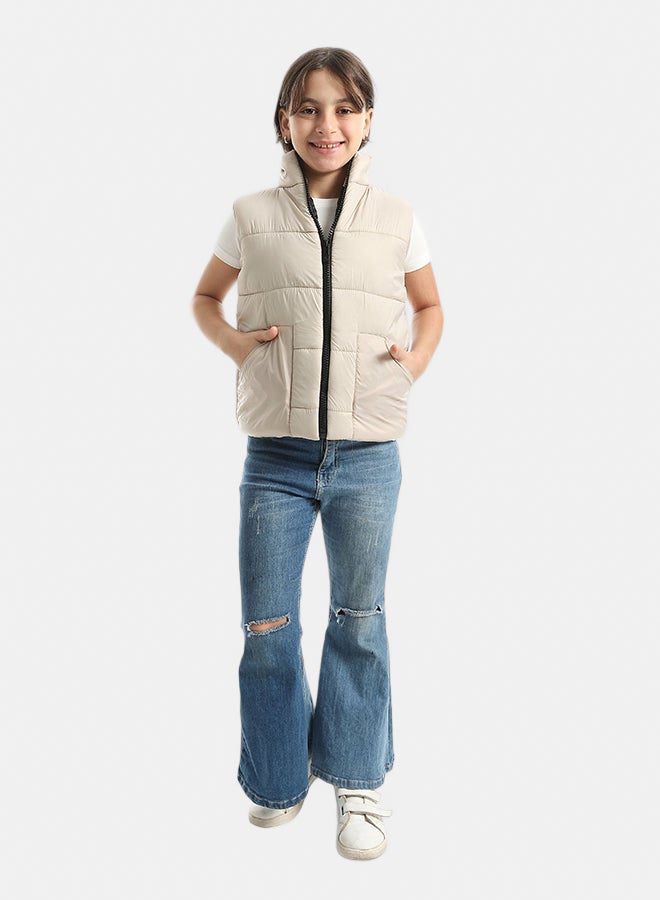 High Collar With Zipper Closure Cut Sleeves Vest _ Beige