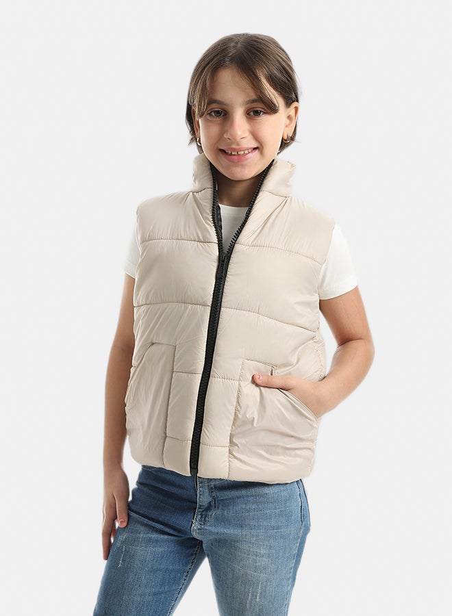 High Collar With Zipper Closure Cut Sleeves Vest _ Beige