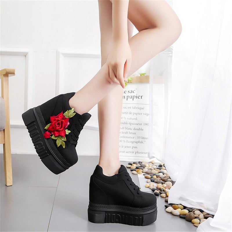 ACE SHOCK Platform Canvas Shoes Women, Hidden High with Wedges Sneakers Flower (6.5, Black) - Image 3