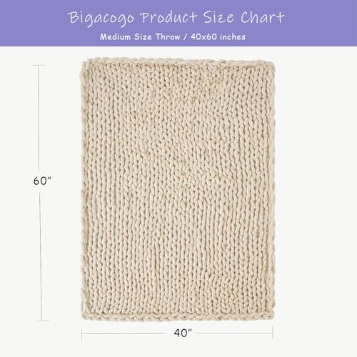 Bigacogo Chunky Knit Throw Blanket for Couch, 40x60 inches, 100% Hand Knitted with Thick Jumbo Chenille Yarn, Cozy Soft Large Rope Knot Cable Crochet Blankets for Sofa Bed Living Room, Beige - Image 2