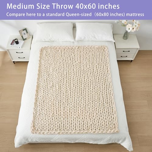 Bigacogo Chunky Knit Throw Blanket for Couch, 40x60 inches, 100% Hand Knitted with Thick Jumbo Chenille Yarn, Cozy Soft Large Rope Knot Cable Crochet Blankets for Sofa Bed Living Room, Beige - Image 5