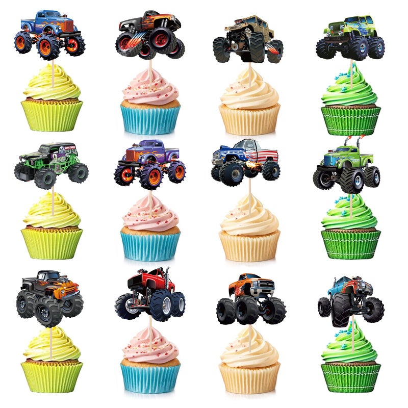Pretyps 24 PCS Monster Truck Cupcake Toppers Truck Car Theme Birthday Party Decorations Racing Car Theme Birthday Decoration for Boys Girls Baby Shower Kids Cake Decorations Party Supplies - Image 2