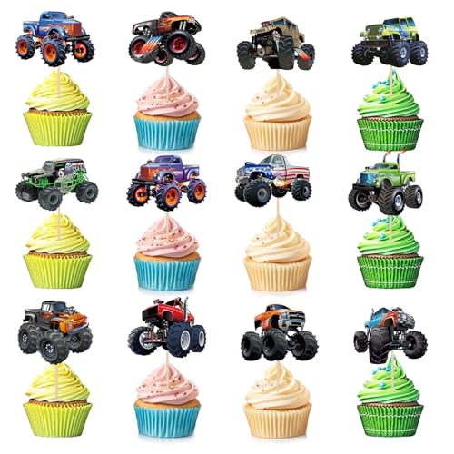 Pretyps 24 PCS Monster Truck Cupcake Toppers Truck Car Theme Birthday Party Decorations Racing Car Theme Birthday Decoration for Boys Girls Baby Shower Kids Cake Decorations Party Supplies - Image 1