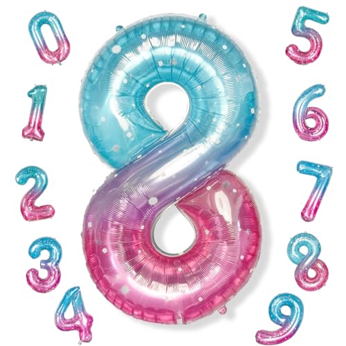 Isndare Purple Teal Number 8 Balloons 40 Inch Giant Mermaid Starry Mylar Foil Number 8 Ballon for Girls Self Inflating 8th Birthday Helium Balloon for Women 8th Anniversary Party Decorations Supplies - Image 1