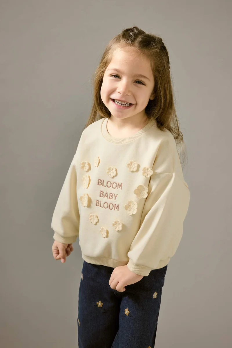 ديفاكتو Baby Girl Oversize Fit Crew Neck Floral Thick Fabric Sweatshirt