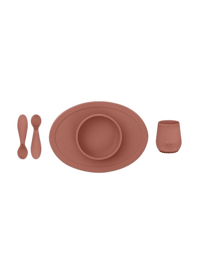 ezpz ezpz First Food Set - 100% Food Grade Silicone Suction Bowl with Built-in Placemat, Training Cup & Spoon - Designed by a Pediatric Feeding Specialist - Promotes Self Feeding - 6 Months+ (Sienna)  - Image 1