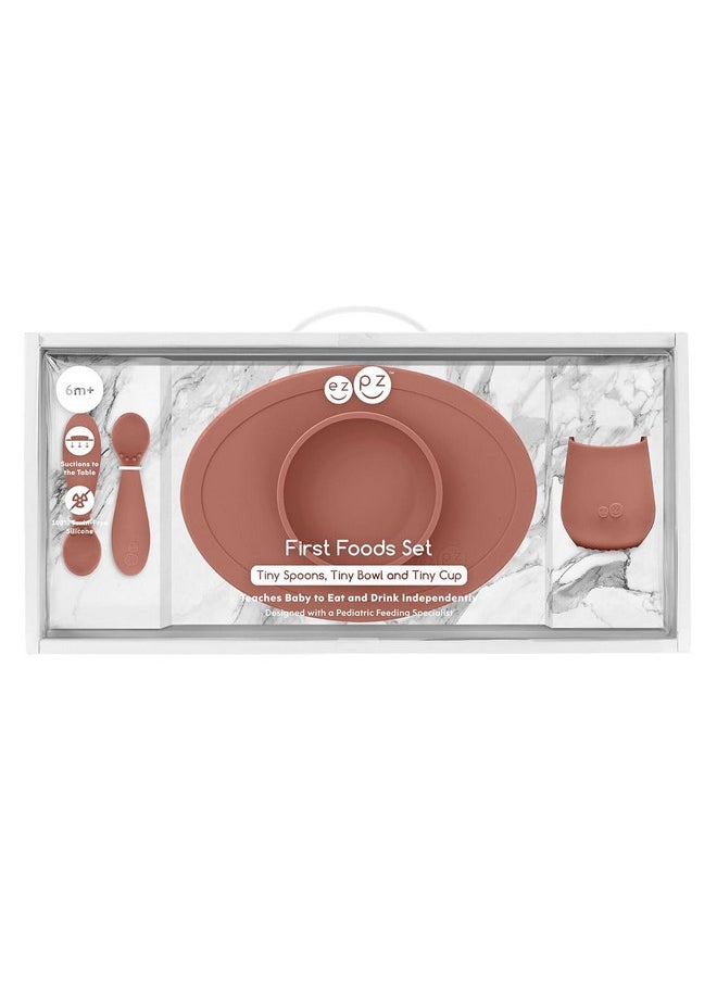 ezpz ezpz First Food Set - 100% Food Grade Silicone Suction Bowl with Built-in Placemat, Training Cup & Spoon - Designed by a Pediatric Feeding Specialist - Promotes Self Feeding - 6 Months+ (Sienna)  - Image 2