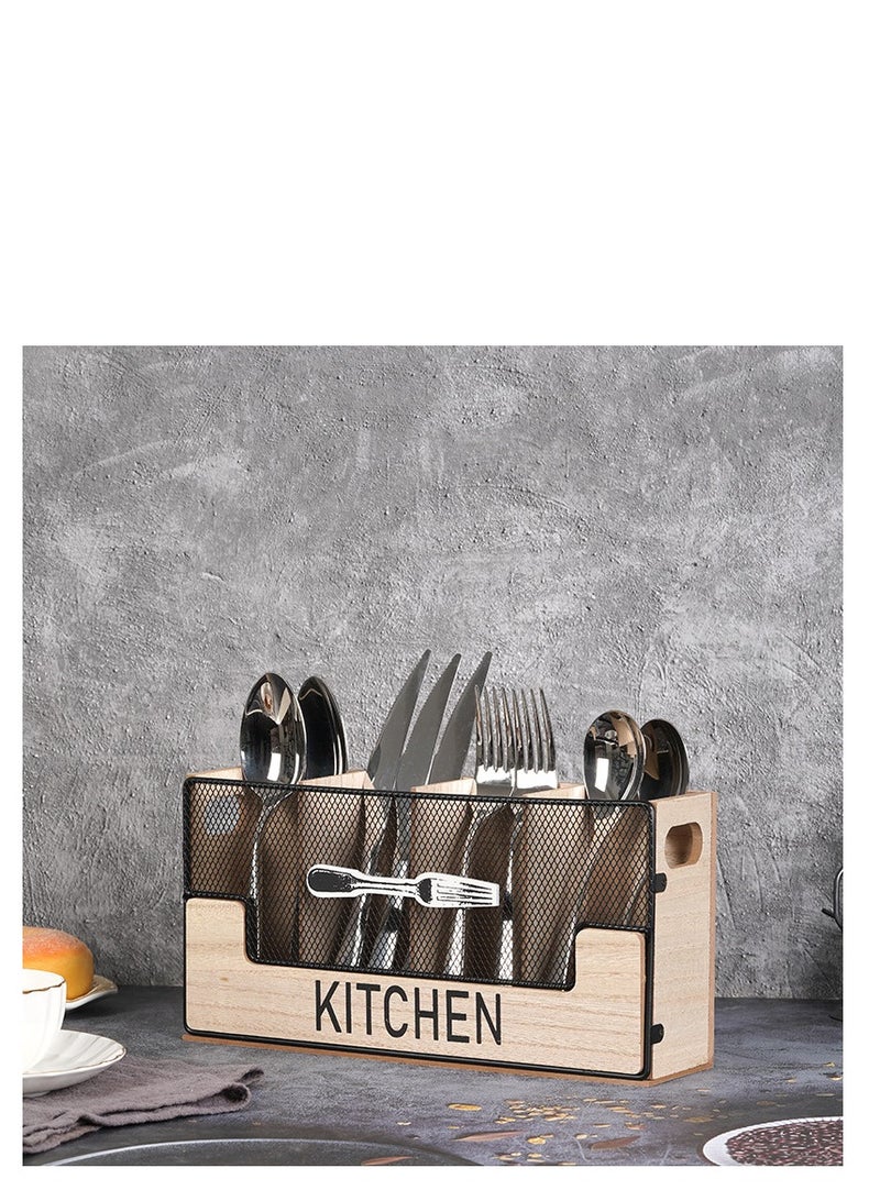 Kitchen Counter Utensil Holder Black Metal paired with Wood Flatware Organizer 4 Compartments for Spatula Crock Cutlery Caddy Forks, Spoons, Knives, Farmhouse Bin Storage Box - Image 1