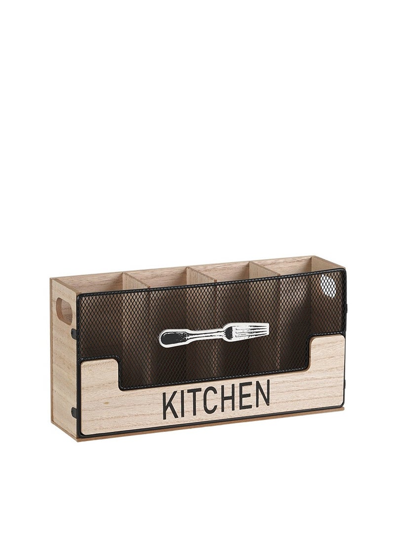 Kitchen Counter Utensil Holder Black Metal paired with Wood Flatware Organizer 4 Compartments for Spatula Crock Cutlery Caddy Forks, Spoons, Knives, Farmhouse Bin Storage Box - Image 2