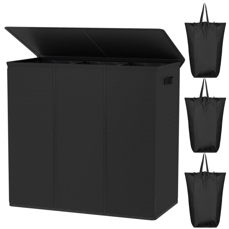 WOWLIVE 180L Laundry Hamper with Lid 3 Section,Large Laundry Basket with Removable Bags and Handles,Collapsible Dirty Clothes Hampers for Laundry,Laundry Basket Organizer for Laundry Room,Dorm,Black - Image 1