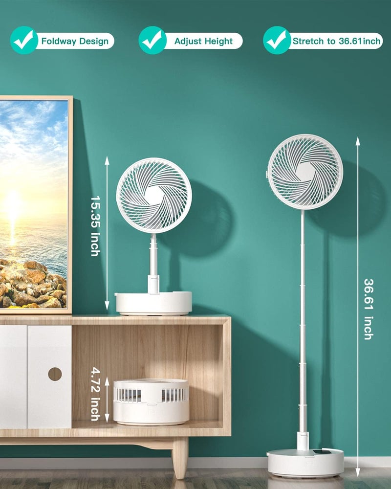 AICase Stand Fan, 9.5 inch Folding Portable Telescopic Floor/USB Desk Fan with 10000mAh Rechargeable Battery,4 Speeds Super Quiet Adjustable Height and Head Great for Office Home Outdoor Camping - Image 2