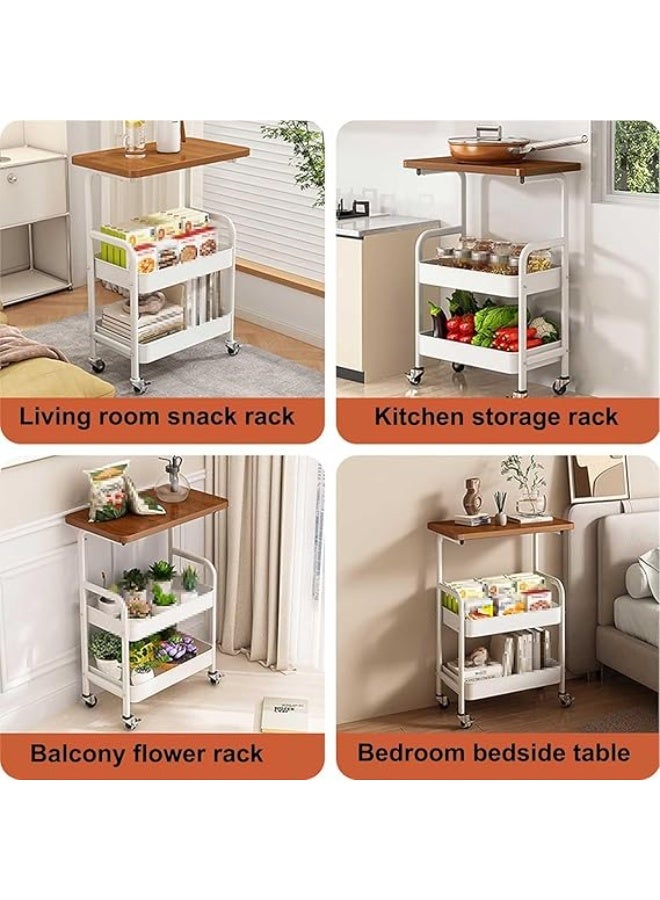 3 Tier Utility Cart Organizer with Wooden Tabletop, Thickened Metal Carts with Brakeable Silent Swivel Casters, Mesh Basket Ventilation Design for Kitchen, Bathroom, Living Room, Office, White - Image 5