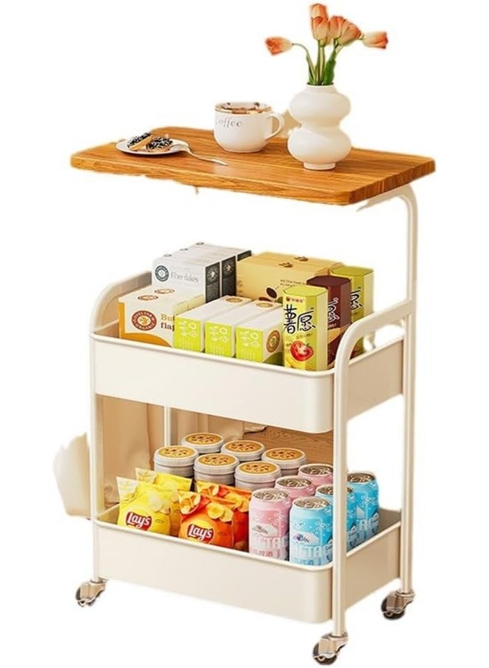 3 Tier Utility Cart Organizer with Wooden Tabletop, Thickened Metal Carts with Brakeable Silent Swivel Casters, Mesh Basket Ventilation Design for Kitchen, Bathroom, Living Room, Office, White - Image 2