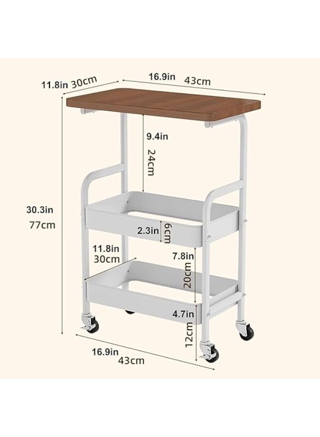 3 Tier Utility Cart Organizer with Wooden Tabletop, Thickened Metal Carts with Brakeable Silent Swivel Casters, Mesh Basket Ventilation Design for Kitchen, Bathroom, Living Room, Office, White - Image 3