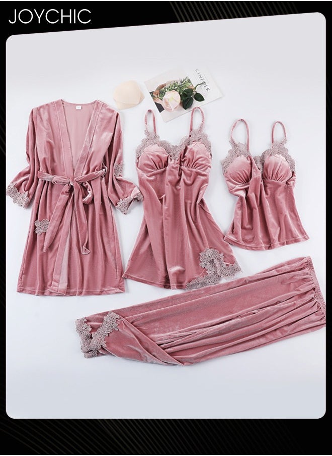 Joychic - 4-piece Spring and Autumn Winter Gold Velvet Warm Windproof Pajamas Set for Women Long-Sleeved Trousers Suits Sweet Lace Design V-neck Home Sleepwear Pink - Image 1