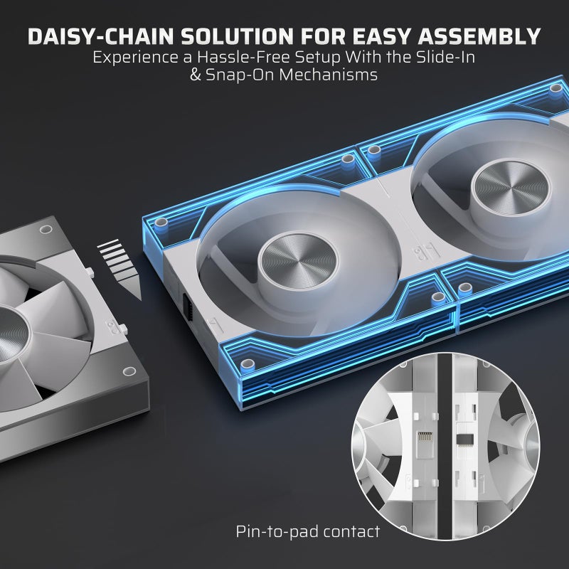 LTC CF-123D 120mm PC Case Fan, Daisy-Chain Connection, Reversible Airflow 2000RPM Max, Infinity Mirror ARGB Lighting, HDB Bearing PWM Computer Case Cooling Fan, Motherboard SYNC, 3 Pack, White - Image 2