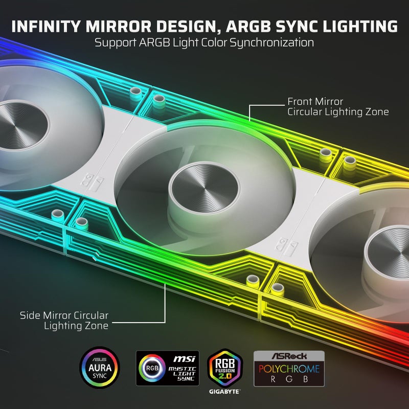 LTC CF-123D 120mm PC Case Fan, Daisy-Chain Connection, Reversible Airflow 2000RPM Max, Infinity Mirror ARGB Lighting, HDB Bearing PWM Computer Case Cooling Fan, Motherboard SYNC, 3 Pack, White - Image 4