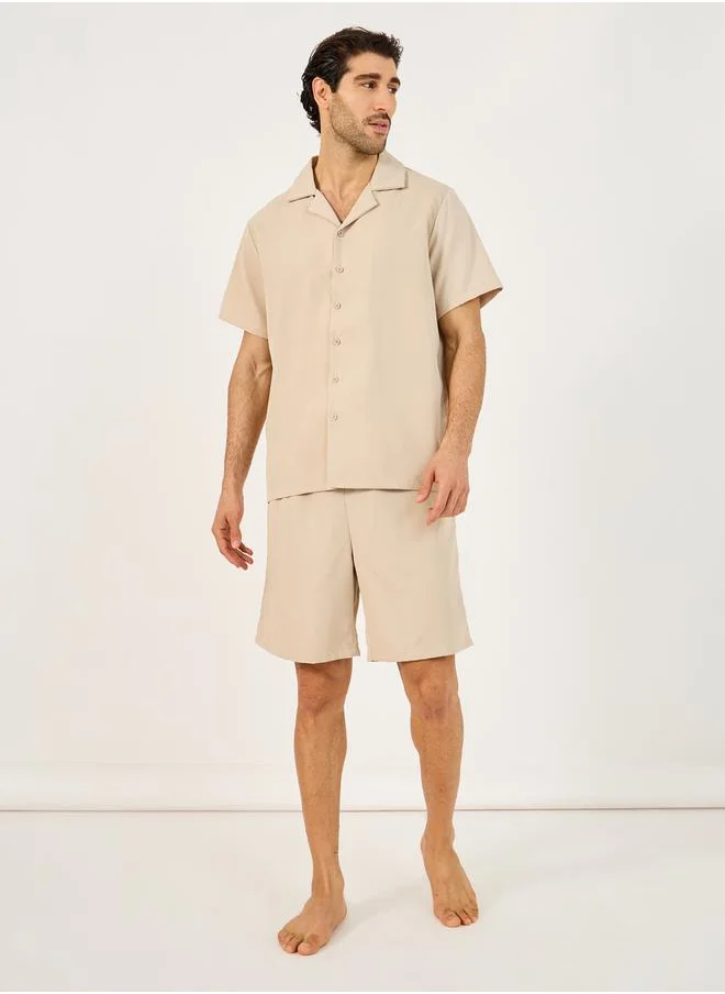 Styli Solid Woven Short Sleeve Collared Shirt and Shorts Set