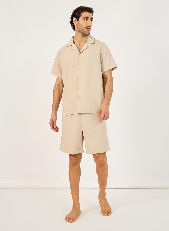 Styli Solid Woven Short Sleeve Collared Shirt and Shorts Set  - Image 1