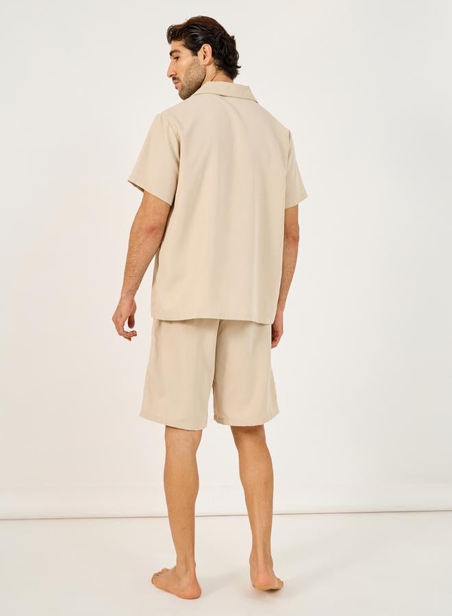 Styli Solid Woven Short Sleeve Collared Shirt and Shorts Set  - Image 5