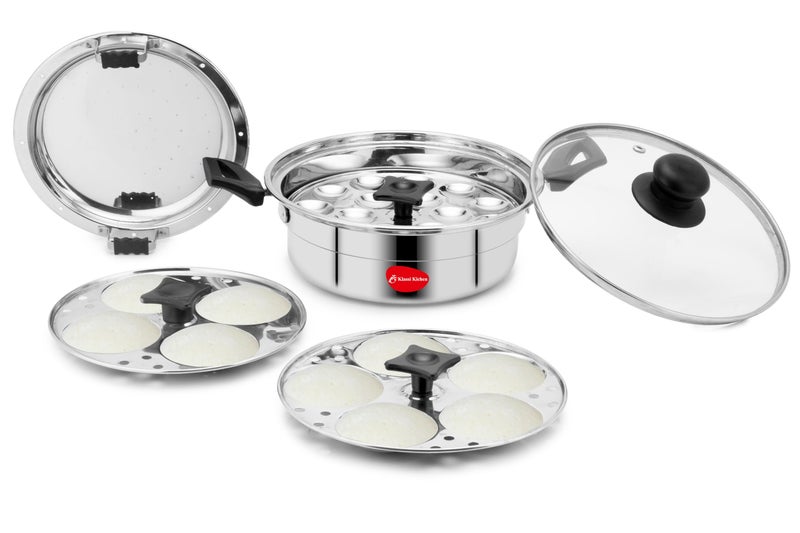 KLASSI KICHEN Stainless Steel Multi Steamer Pot with Glass Lid | Idli Maker with 4 Plates (9 Idlis Each) & Mini Idli Plate | 1.5L Steamer | Gas Stove & Induction Compatible Dhokla & Vegetable Steamer - Image 3