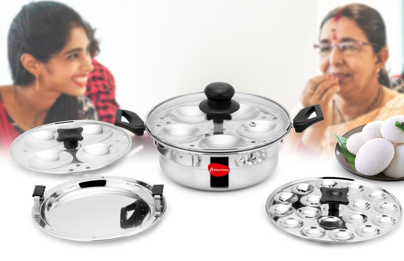 KLASSI KICHEN Stainless Steel Multi Steamer Pot with Glass Lid | Idli Maker with 4 Plates (9 Idlis Each) & Mini Idli Plate | 1.5L Steamer | Gas Stove & Induction Compatible Dhokla & Vegetable Steamer - Image 1