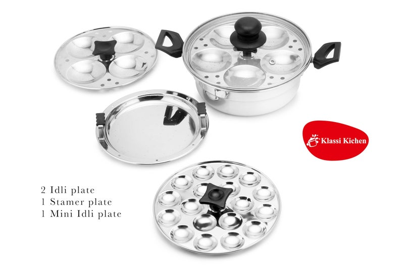 KLASSI KICHEN Stainless Steel Multi Steamer Pot with Glass Lid | Idli Maker with 4 Plates (9 Idlis Each) & Mini Idli Plate | 1.5L Steamer | Gas Stove & Induction Compatible Dhokla & Vegetable Steamer - Image 4