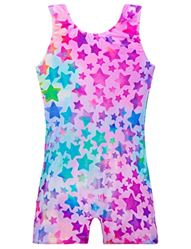 TENVDA Girls Gymnastics Leotards Size 5-6 Years Hotpink Stars Sparkly Classic One-Piece Sleeveless Kids Biketard Unitard - Image 1