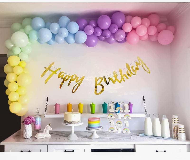 SpecialYou.in Rainbow Theme Happy Birthday Decorations DIY Kit Combo for Girls and Women with Pastel Pink, Blue, Green, Yellow, Peach and Purple Balloons & Gold Cursive HBD Banner- Pack of 53 Items - Image 2