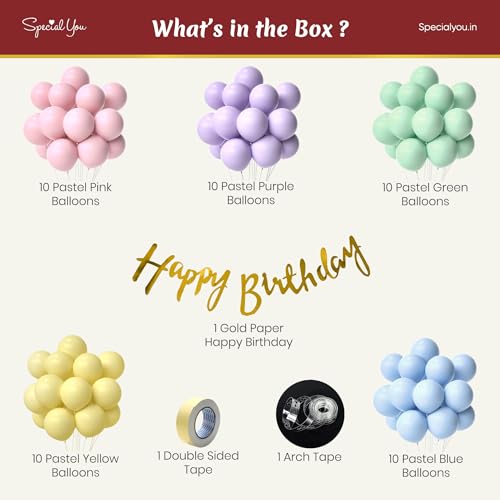 SpecialYou.in Rainbow Theme Happy Birthday Decorations DIY Kit Combo for Girls and Women with Pastel Pink, Blue, Green, Yellow, Peach and Purple Balloons & Gold Cursive HBD Banner- Pack of 53 Items - Image 3