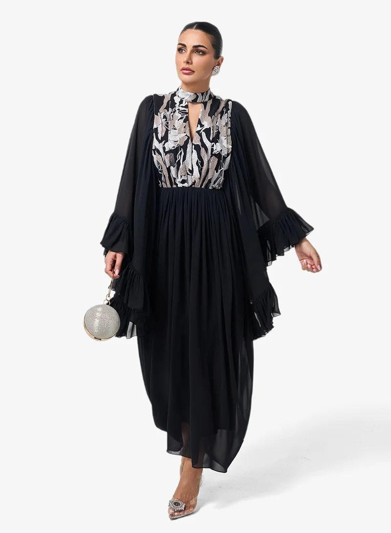 ثريدز باي اجوني Printed Neckband Flared Sleeve Maxi Dress