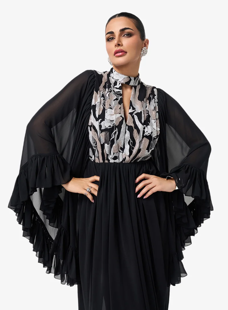 Threadz by Ajooni  Printed Neckband Flared Sleeve Maxi Dress for Women | Best Price UAE