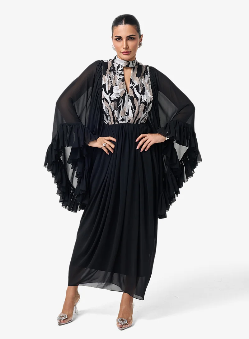 Threadz by Ajooni  Printed Neckband Flared Sleeve Maxi Dress for Women | Best Price UAE