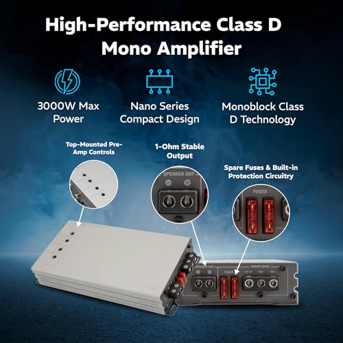 SOUNDSTREAM مضخم الصوت SOUNDSTREAM Picasso Nano PN1.3000DX أحادي القناة من فئة D – مضخم رقمي مدمج بقوة 3000 واط مع تحكم سلكي في الجهير ومدخلات عالية المستوى لمكبرات الصوت والساب ووفرز. - Image 3