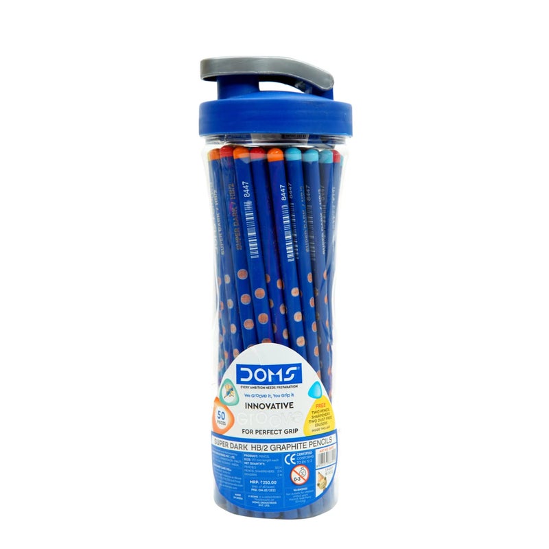 Doms Groove Super Dark HB2 Graphite Pencils Jar Pack 50 Pcs Pencils Innovative Groove For Perfect Grip Ideal For School General Purpose Perfect For Sketching Drawing Jar Pack of 1