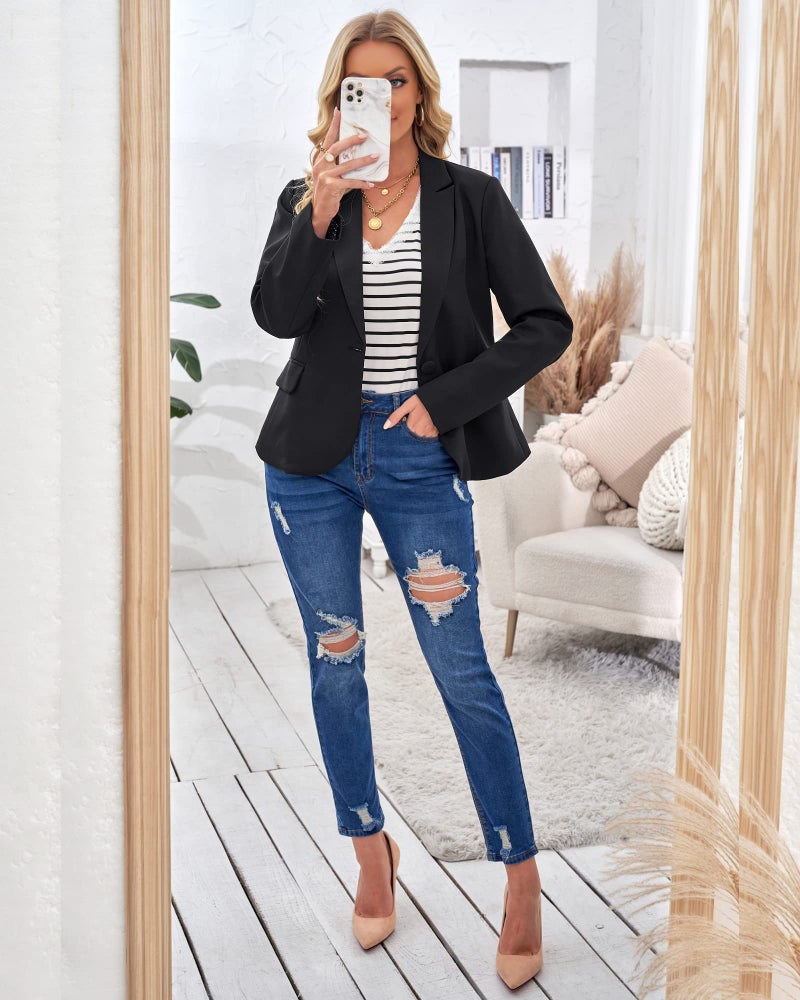 LookbookStore Casual Blazers Long Sleeve Work Office Jackets Blazer Casual Black Notched Lapel Button Work Office Blazer Jacket Suit Womens Blazers for Professional Women Size 16 Size 18 - Image 3
