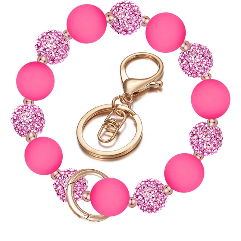 M-Plateau Wristlet Keychain, Silicone Beaded Wrist keychain with Key Ring for Women, Elastic Keychain Bracelet (Magenta Gold) - Image 1