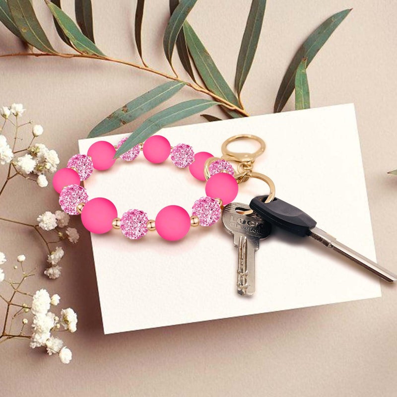 M-Plateau Wristlet Keychain, Silicone Beaded Wrist keychain with Key Ring for Women, Elastic Keychain Bracelet (Magenta Gold) - Image 2