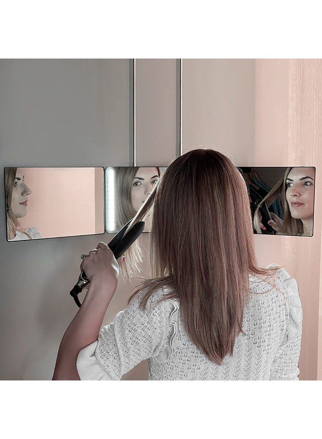 3 Way Mirror, Height Adjustable Hooks, USB Rechargeable, Trifold Makeup Mirror with Led Lights, 180 Viewing Barber Mirror, Can See Back of Head, for Self Hair Cutting Trim, or Shaving at Home (Black) - Image 4