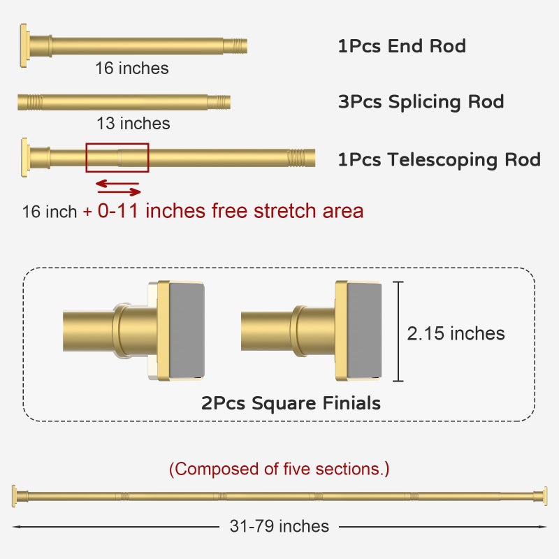 UIOSANRT Gold Shower Curtain Rod 31-79 Inches Non-Slip Shower Rod Tension Mounted No Drill Shower Curtain Rods Spring Tension Rod Adjustable Tension Curtain Rod for Windows Bathroom - Image 5