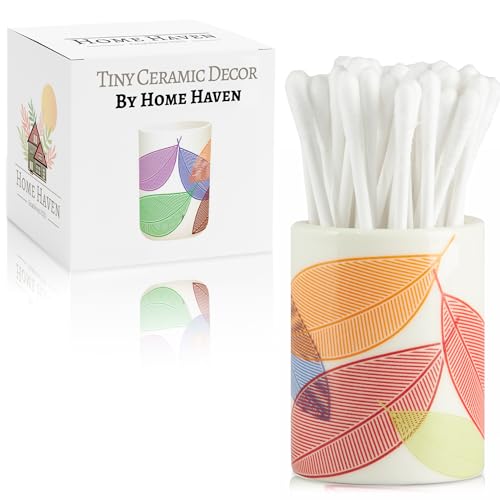 Home Haven Qtip Holder - Retro Leaves Design - Q Tip & Floss Pick Holder for Bathroom Sink Decor - Image 1