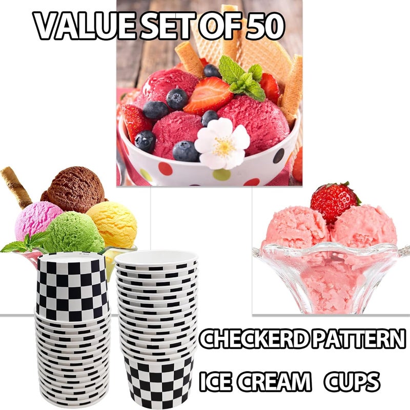 EaciTown 50 Pcs Checkered Ice Cream Cups 9oz Black and White Dessert Paper Bowls Disposable Snack Cups Soup Cups for Racing Car Birthday Party Supplies Baby Shower - Image 3