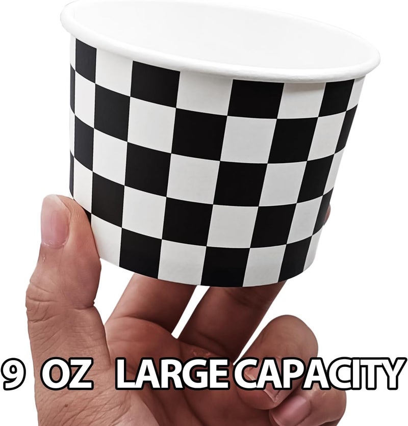 EaciTown 50 Pcs Checkered Ice Cream Cups 9oz Black and White Dessert Paper Bowls Disposable Snack Cups Soup Cups for Racing Car Birthday Party Supplies Baby Shower - Image 2