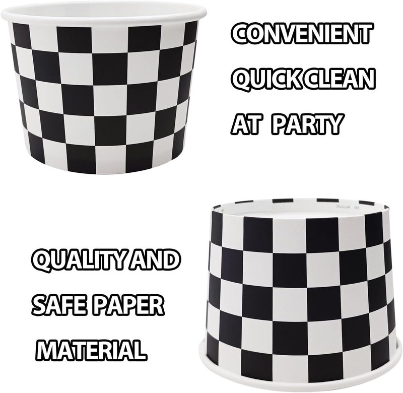 EaciTown 50 Pcs Checkered Ice Cream Cups 9oz Black and White Dessert Paper Bowls Disposable Snack Cups Soup Cups for Racing Car Birthday Party Supplies Baby Shower - Image 5