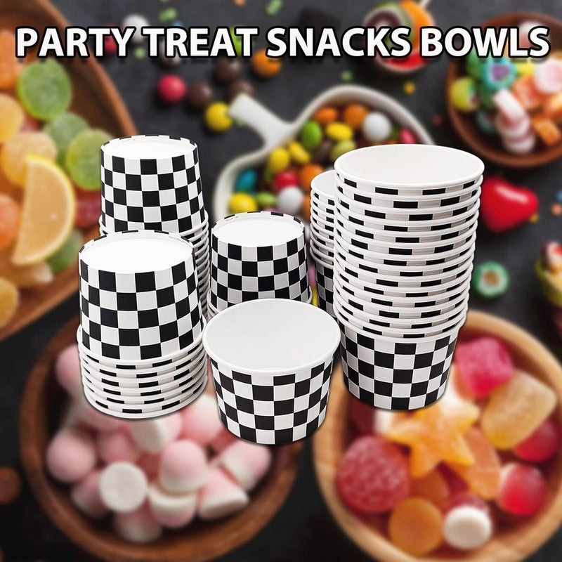 EaciTown 50 Pcs Checkered Ice Cream Cups 9oz Black and White Dessert Paper Bowls Disposable Snack Cups Soup Cups for Racing Car Birthday Party Supplies Baby Shower - Image 4