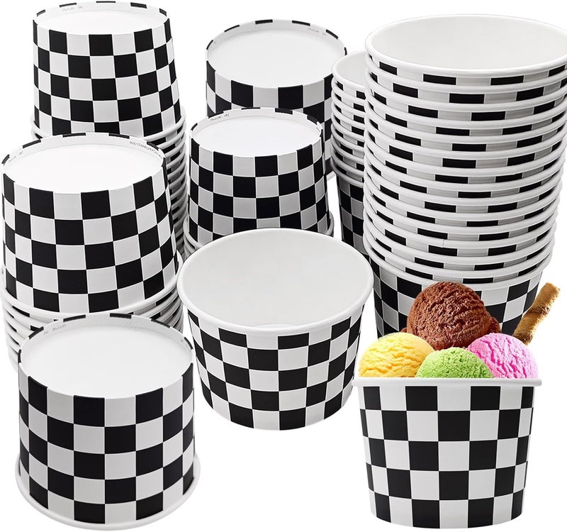 EaciTown 50 Pcs Checkered Ice Cream Cups 9oz Black and White Dessert Paper Bowls Disposable Snack Cups Soup Cups for Racing Car Birthday Party Supplies Baby Shower - Image 1