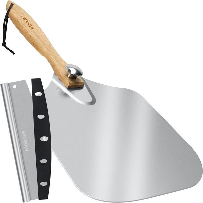 Mooues Pizza Peel Aluminum Pizza Spatula, Metal Pizza Paddle(14inx 16in) with Rocker Cutter Foldable Wood Handle, [Storage bag included], for Family Pizza Oven Baking Pizza, Dough, Bread & Pastry - Image 1