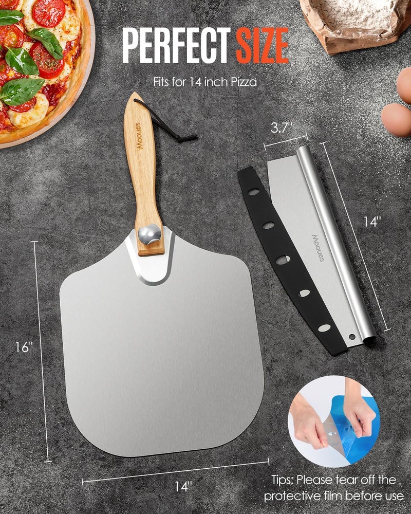 Mooues Pizza Peel Aluminum Pizza Spatula, Metal Pizza Paddle(14inx 16in) with Rocker Cutter Foldable Wood Handle, [Storage bag included], for Family Pizza Oven Baking Pizza, Dough, Bread & Pastry - Image 2