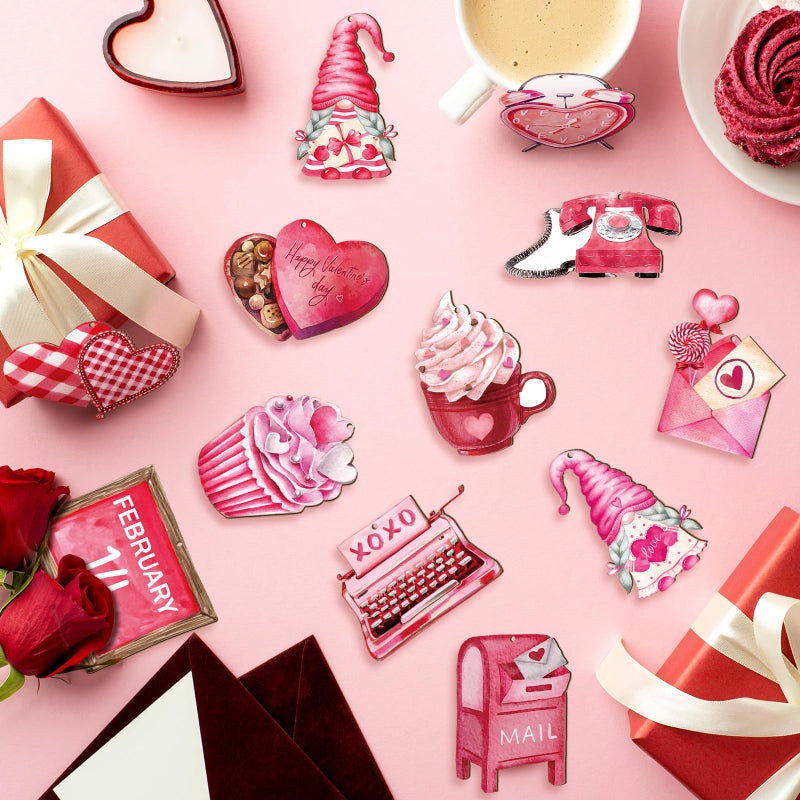 Glenmal 24 Pcs Vintage Valentine's Day Tree Ornaments Wooden Red Pink Valentine Decorations Heart Gnomes Love Truck Holiday Wood Valentines Tree Ornaments for Home Indoor Craft Party Decor - Image 4